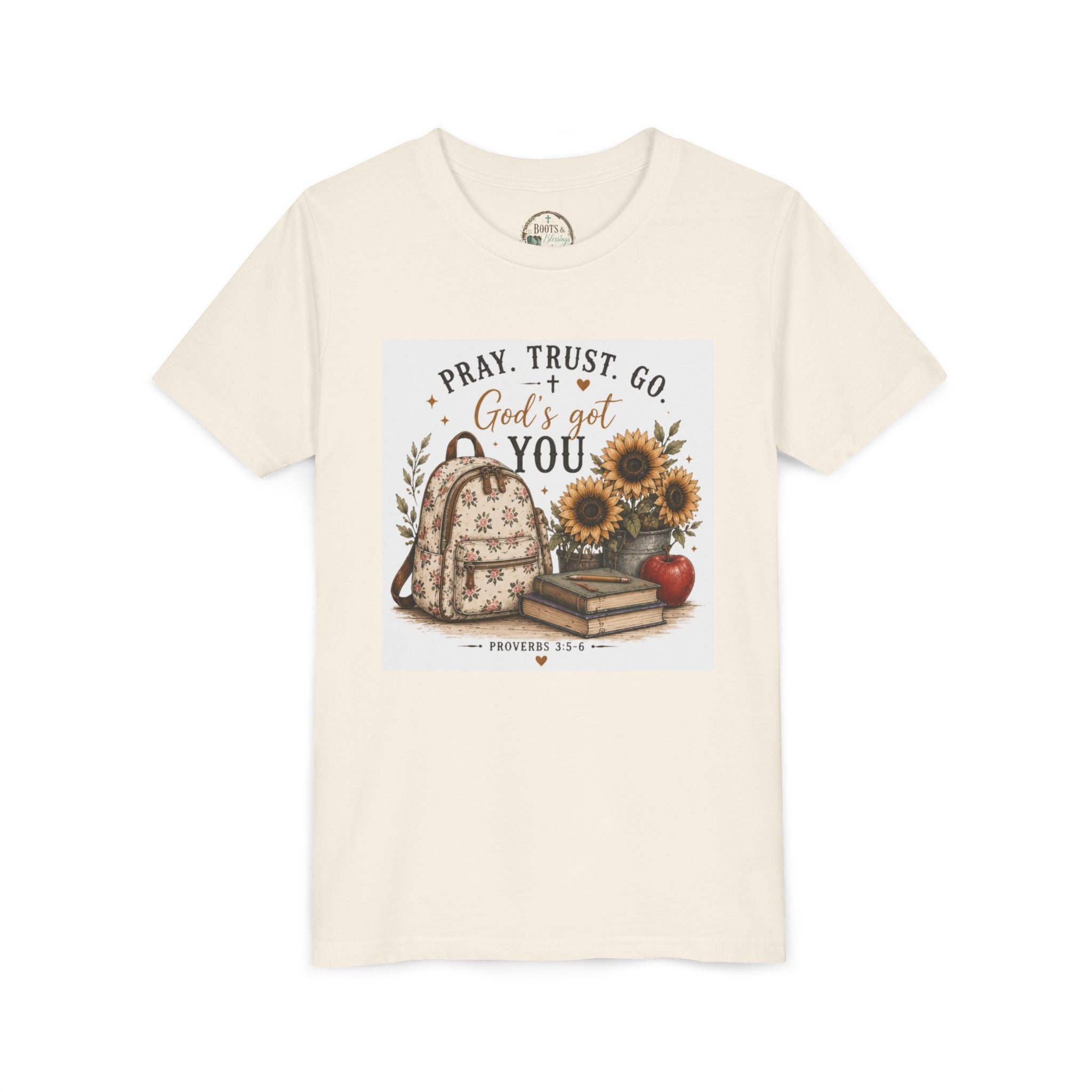 Youth Graphic T-Shirt - "Pray, Trust, Go. God's Got You" Back-to-School Sunflower Backpack Design