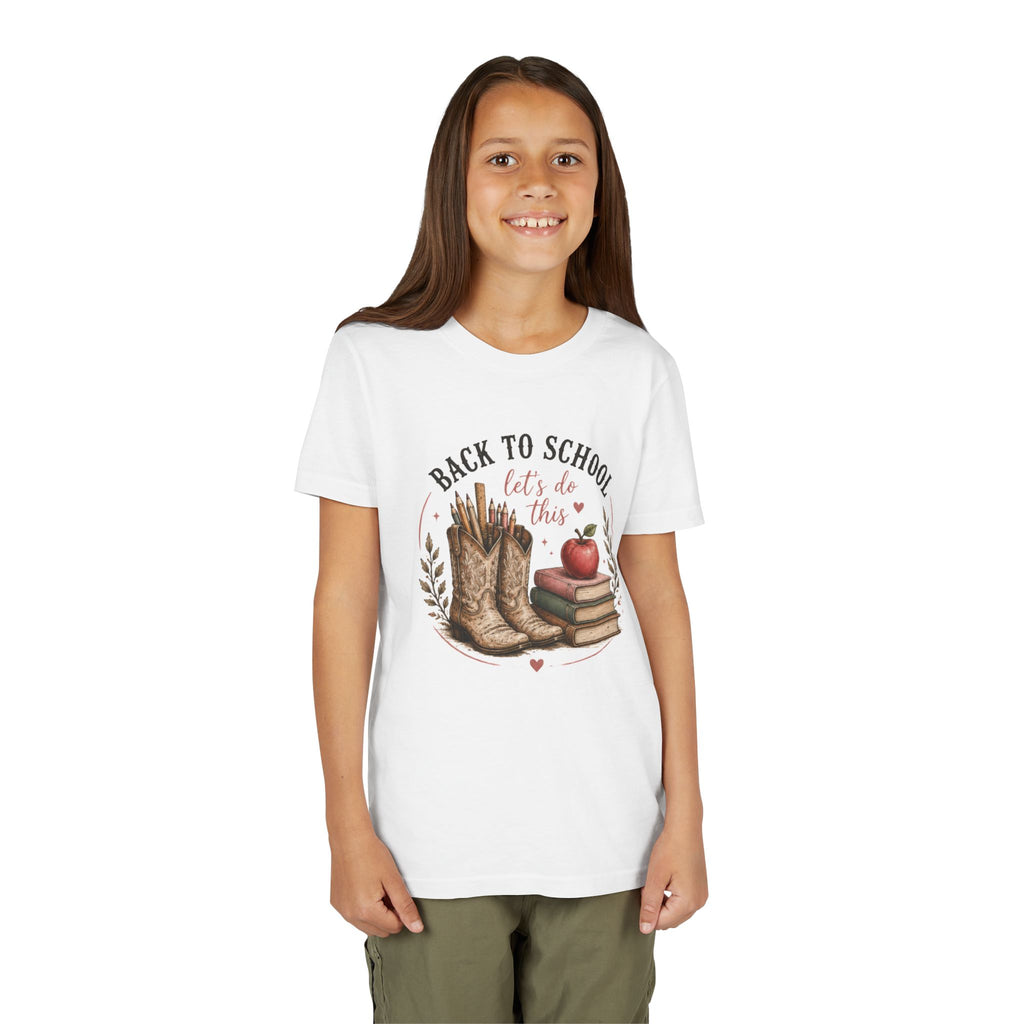 Youth Graphic T-Shirt — "Back to School, Let’s Do This" Cowboy Boots & Apple Design