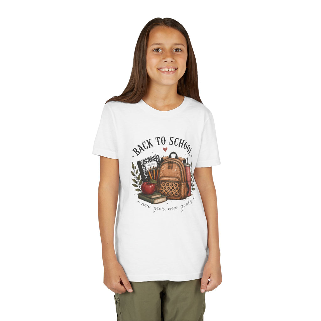 Youth Back to School Graphic T-Shirt – 'Back to School' Backpack & Apples Design
