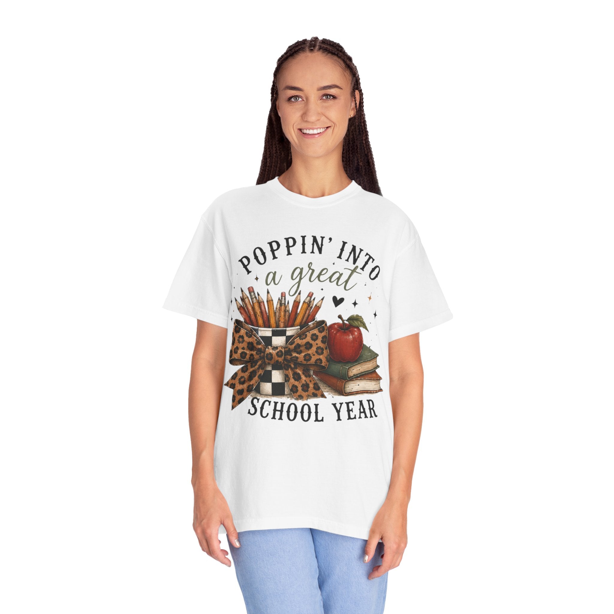 Adult Graphic T-Shirt — “Poppin’ Into a Great School Year” Back-to-School Teacher Tee — Leopard Bow Pencil Cup Design