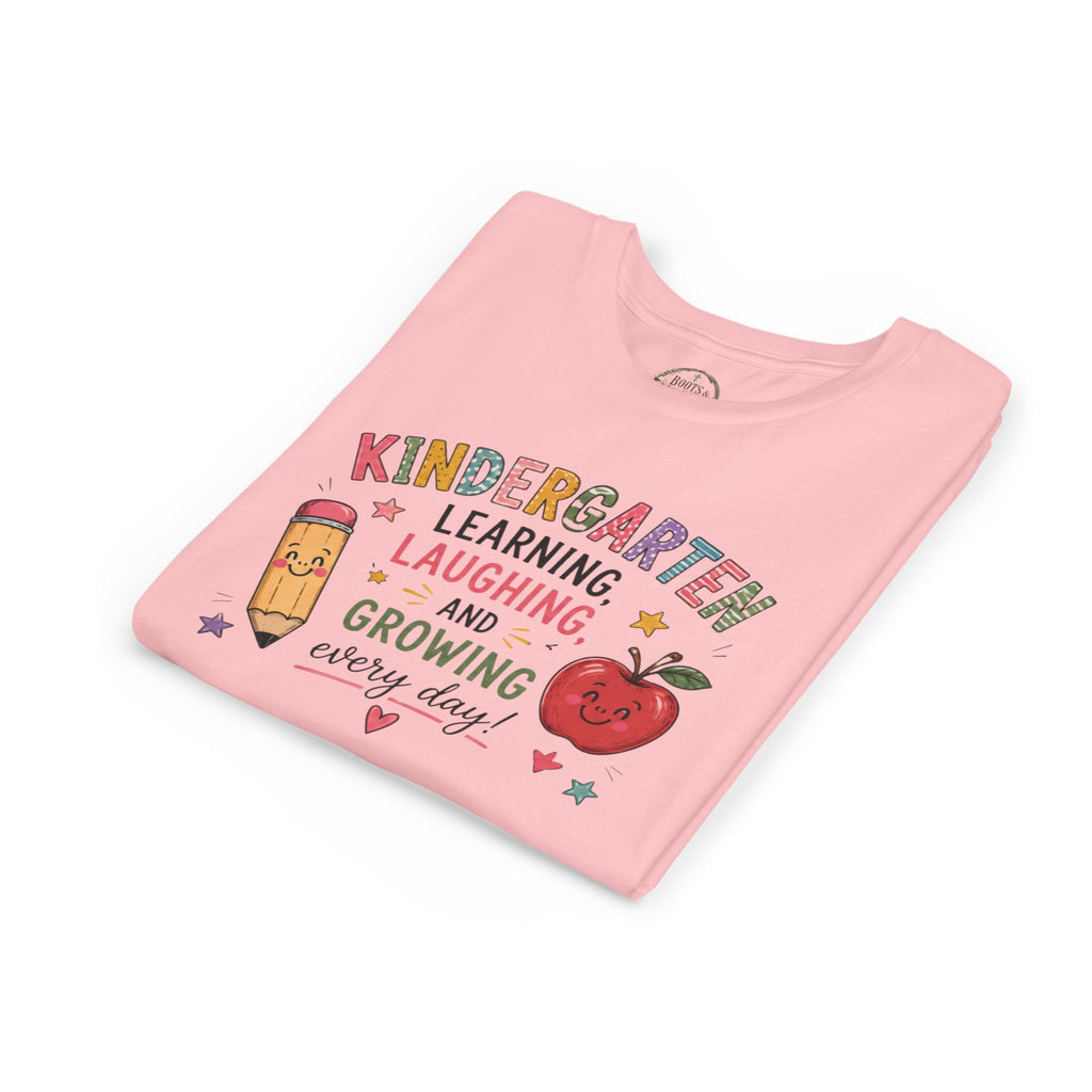 Kindergarten Learning Laughing Growing Graphic T-Shirt — Cute Pencil & Apple Back-to-School Shirt
