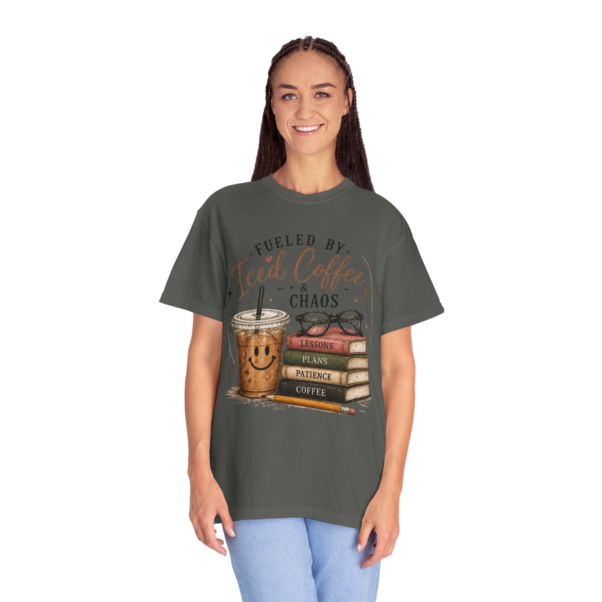 Adult Iced Coffee & Chaos T-Shirt — Fueled by Iced Coffee Graphic Tee for Book Lovers