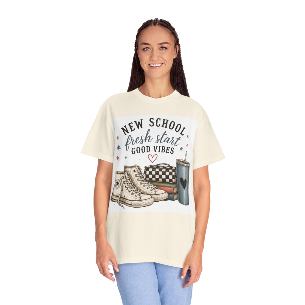 Adult Back-to-School Graphic T-Shirt — "New School, Fresh Start, Good Vibes" Graphic Tee