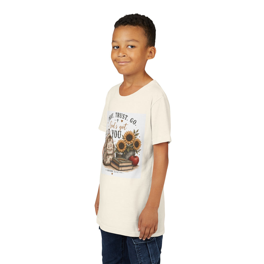 Youth Graphic T-Shirt - "Pray, Trust, Go. God's Got You" Back-to-School Sunflower Backpack Design
