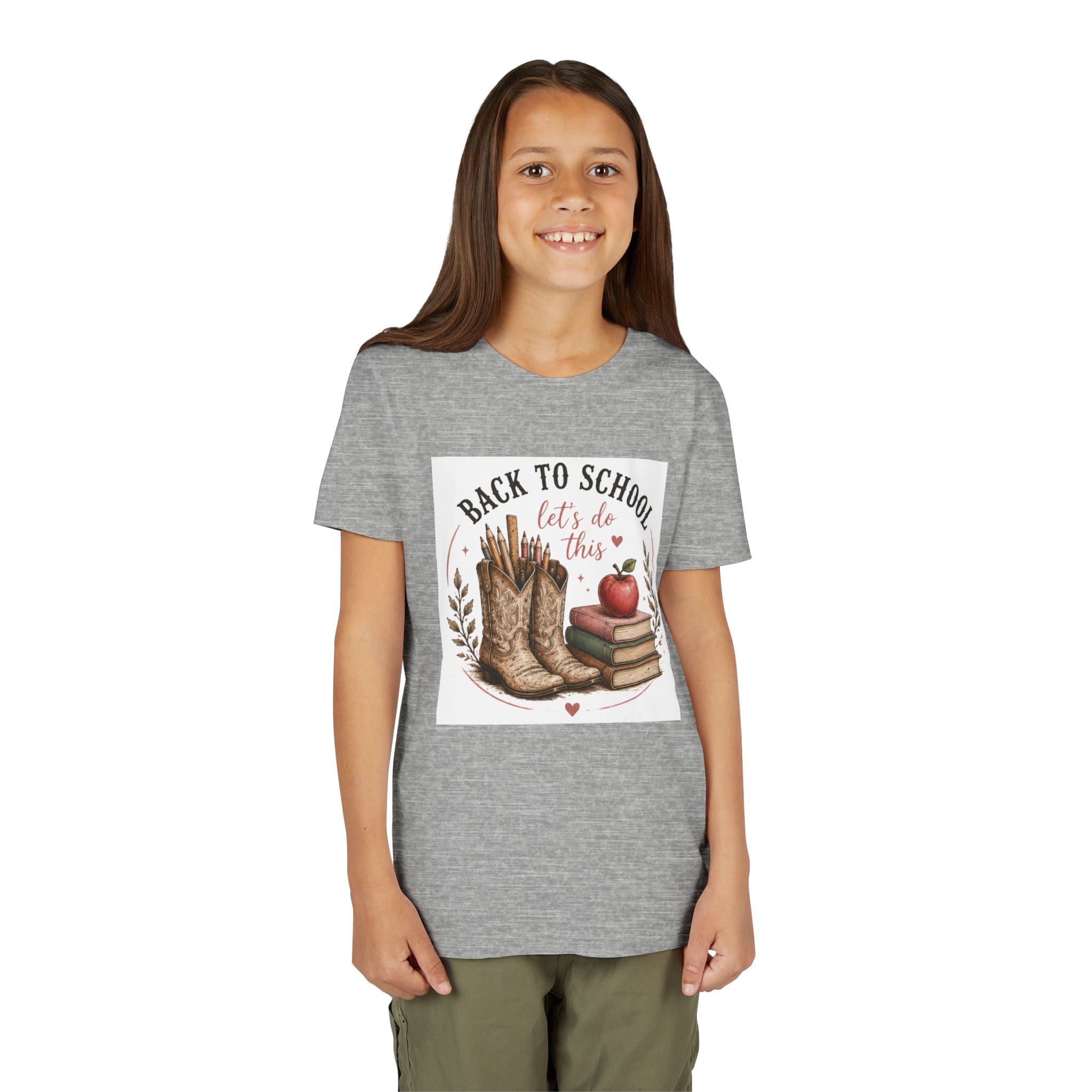Youth Graphic T-Shirt — "Back to School, Let’s Do This" Cowboy Boots & Apple Design