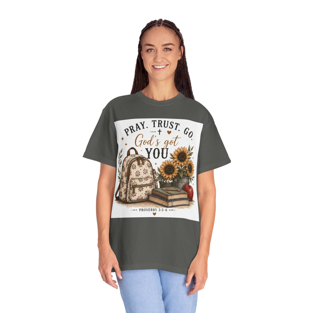 Adult Pray Trust Go T‑Shirt – "God's Got You" Sunflower & Backpack Christian Tee