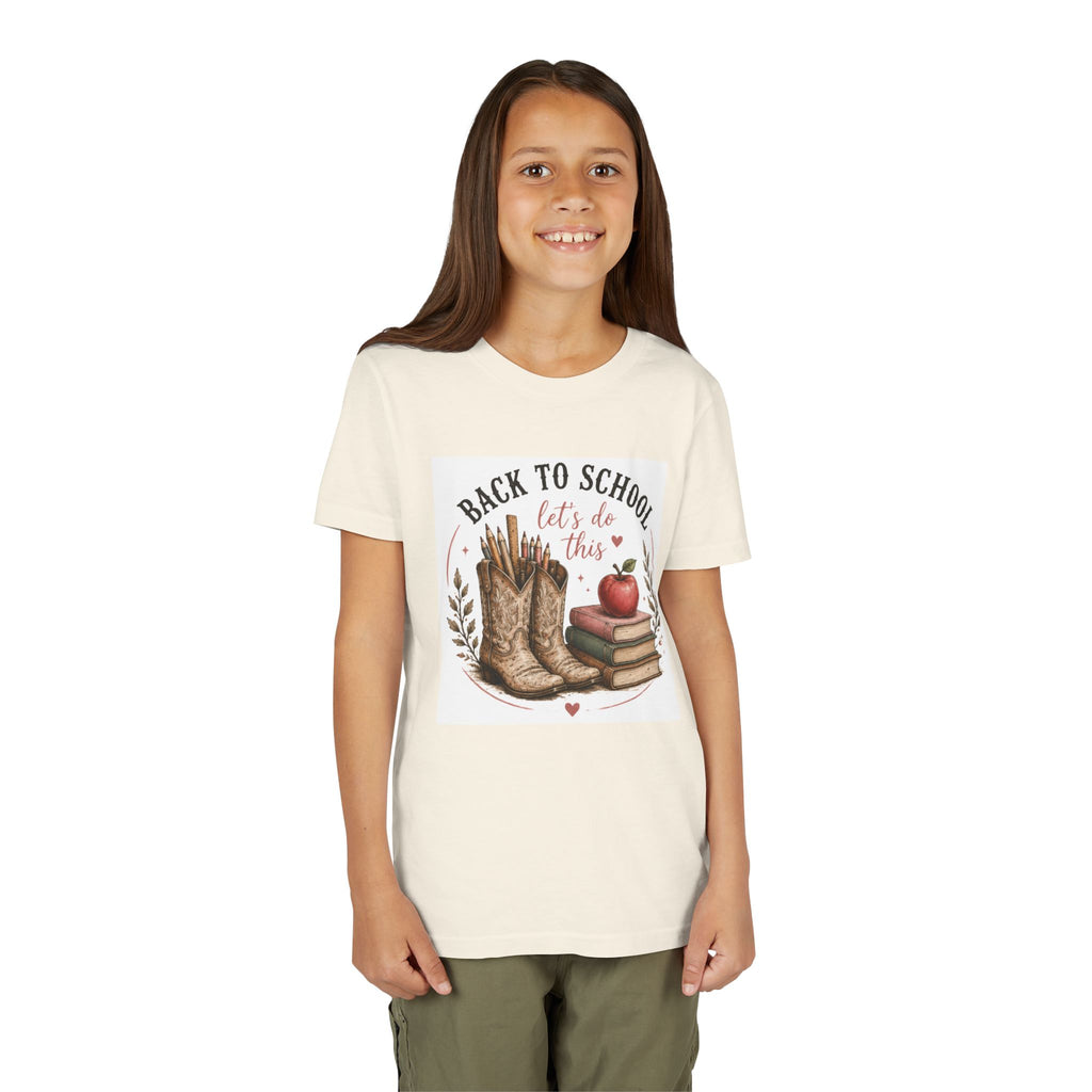Youth Graphic T-Shirt — "Back to School, Let’s Do This" Cowboy Boots & Apple Design