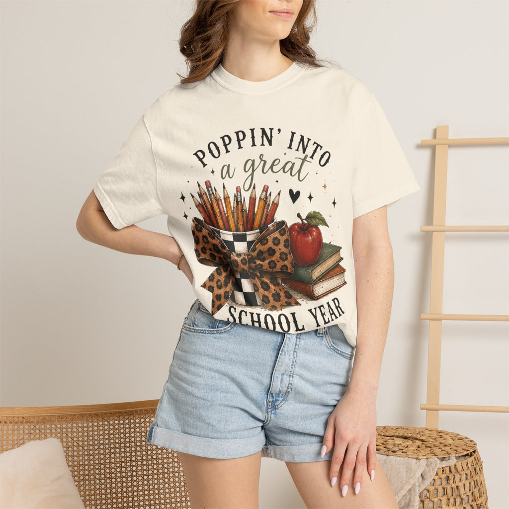 Adult Graphic T-Shirt — “Poppin’ Into a Great School Year” Back-to-School Teacher Tee — Leopard Bow Pencil Cup Design