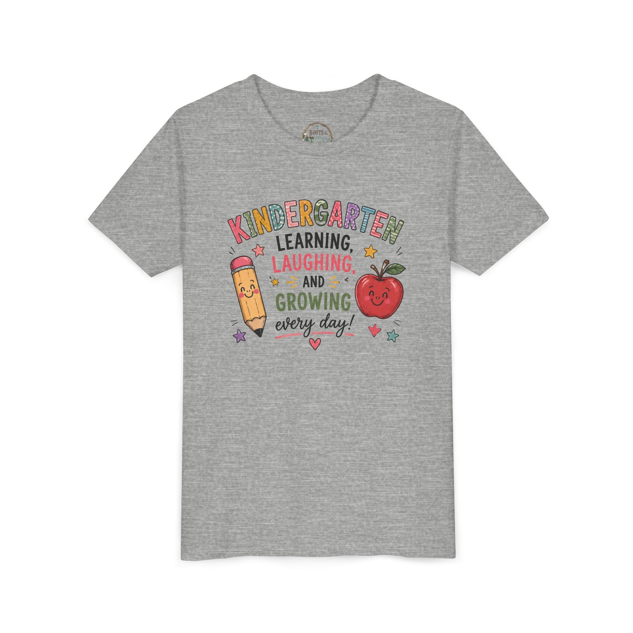 Kindergarten Learning Laughing Growing Graphic T-Shirt — Cute Pencil & Apple Back-to-School Shirt