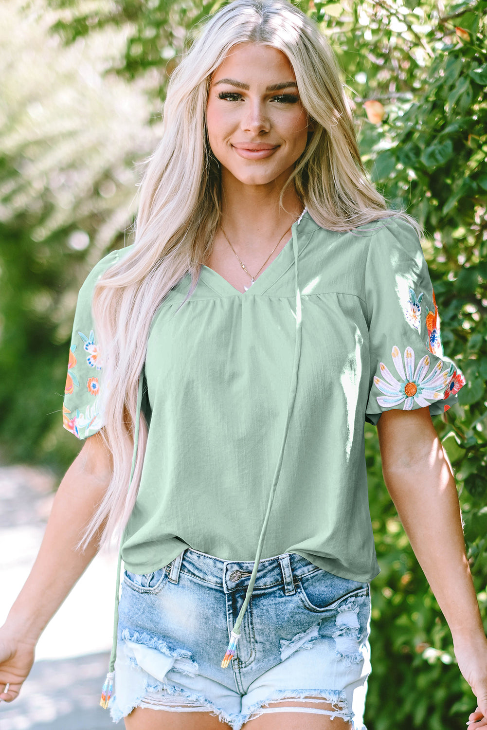 Beau Blue Floral Embroidered Puff Sleeve Split Neck Blouse