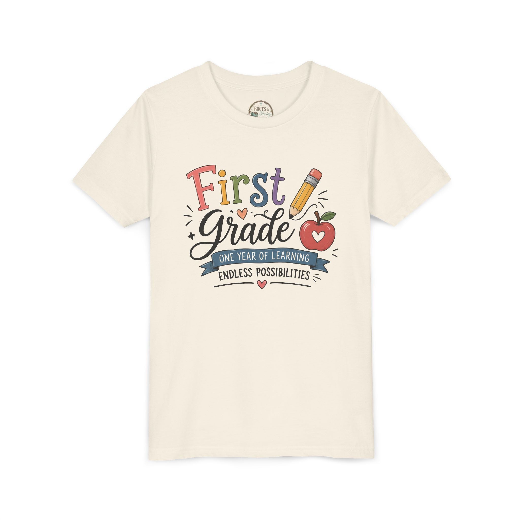 First Grade Graphic T-Shirt - "First Grade: One Year of Learning, Endless Possibilities" Back-to-School Shirt