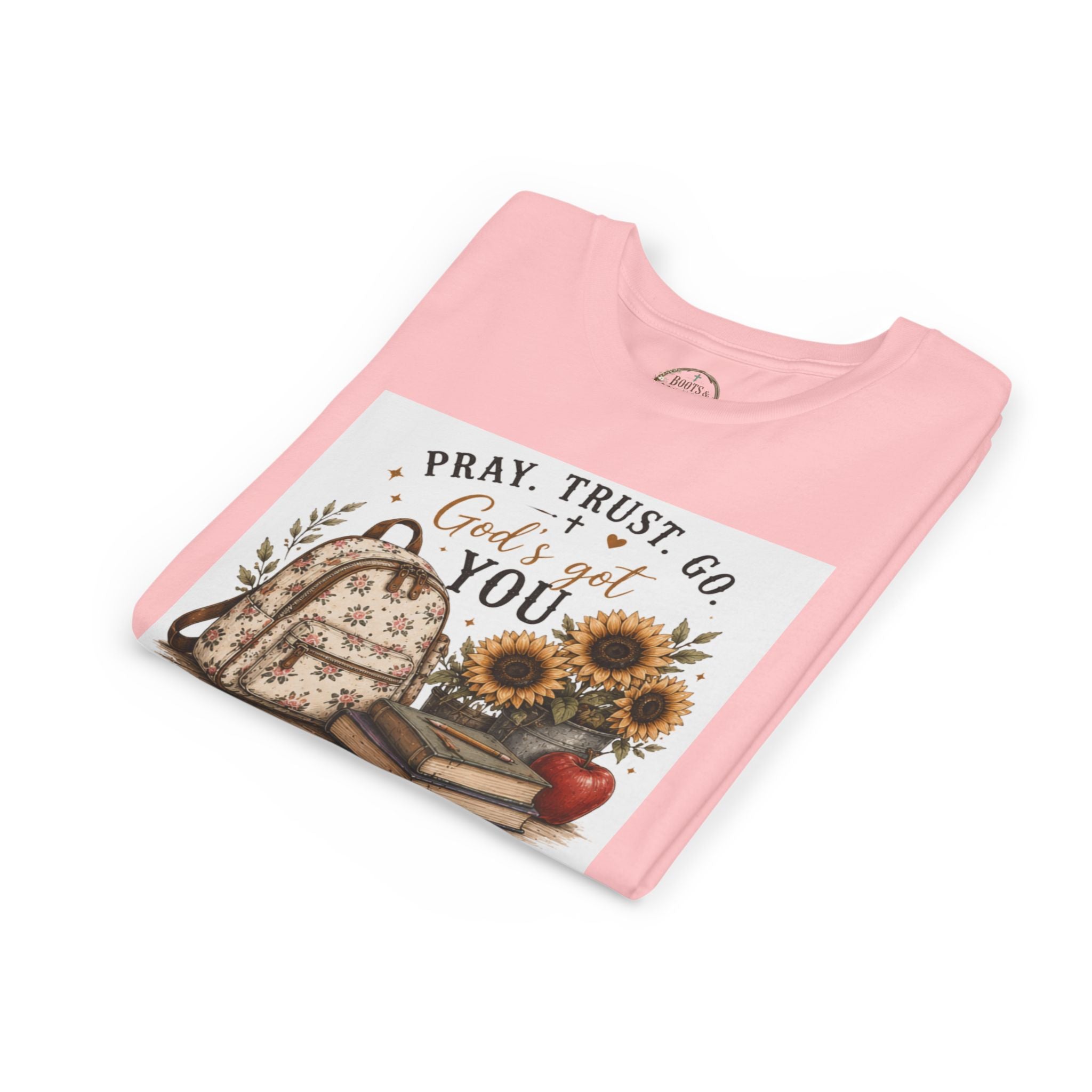 Youth Graphic T-Shirt - "Pray, Trust, Go. God's Got You" Back-to-School Sunflower Backpack Design