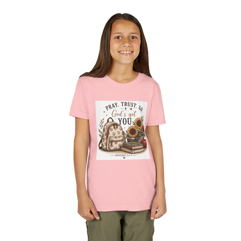 Youth Graphic T-Shirt - "Pray, Trust, Go. God's Got You" Back-to-School Sunflower Backpack Design