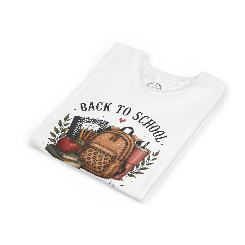 Youth Back to School Graphic T-Shirt – 'Back to School' Backpack & Apples Design