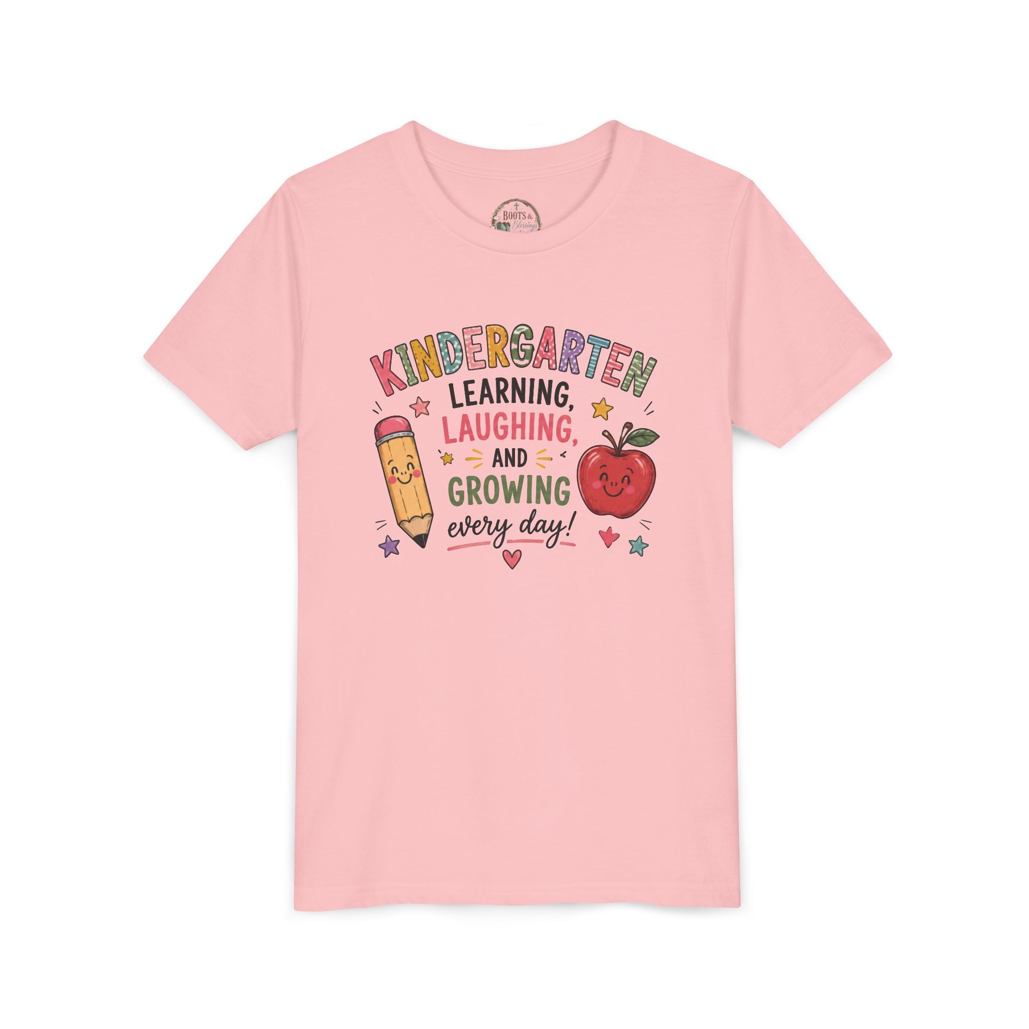Kindergarten Learning Laughing Growing Graphic T-Shirt — Cute Pencil & Apple Back-to-School Shirt