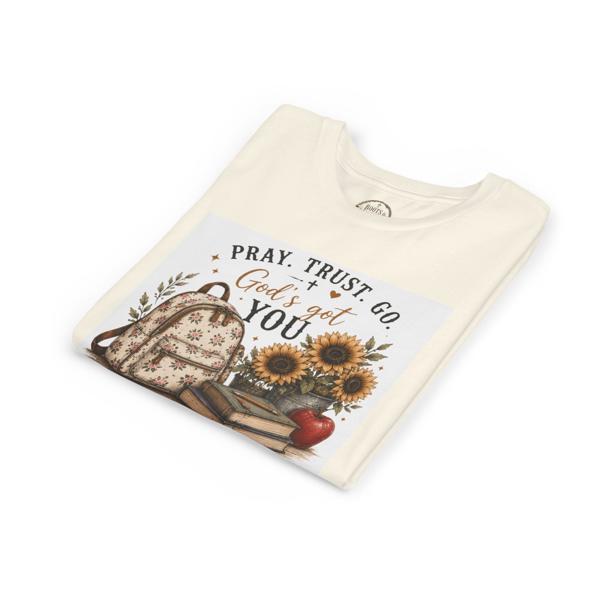 Youth Graphic T-Shirt - "Pray, Trust, Go. God's Got You" Back-to-School Sunflower Backpack Design