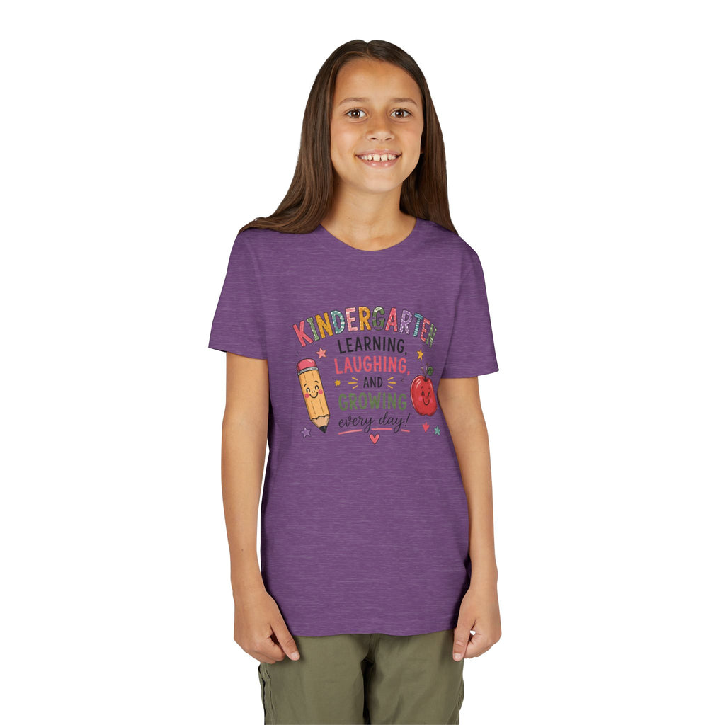 Kindergarten Learning Laughing Growing Graphic T-Shirt — Cute Pencil & Apple Back-to-School Shirt