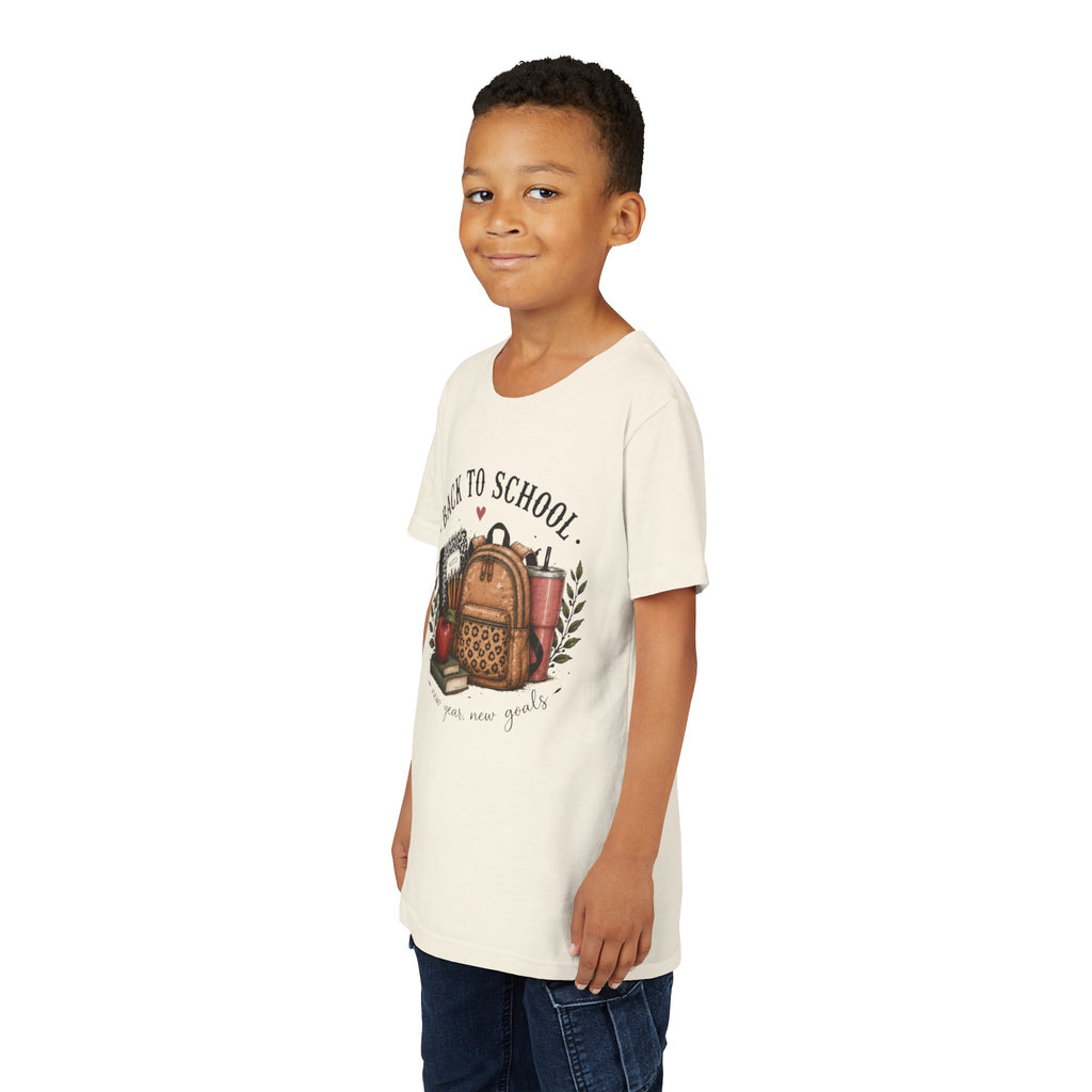 Youth Back to School Graphic T-Shirt – 'Back to School' Backpack & Apples Design