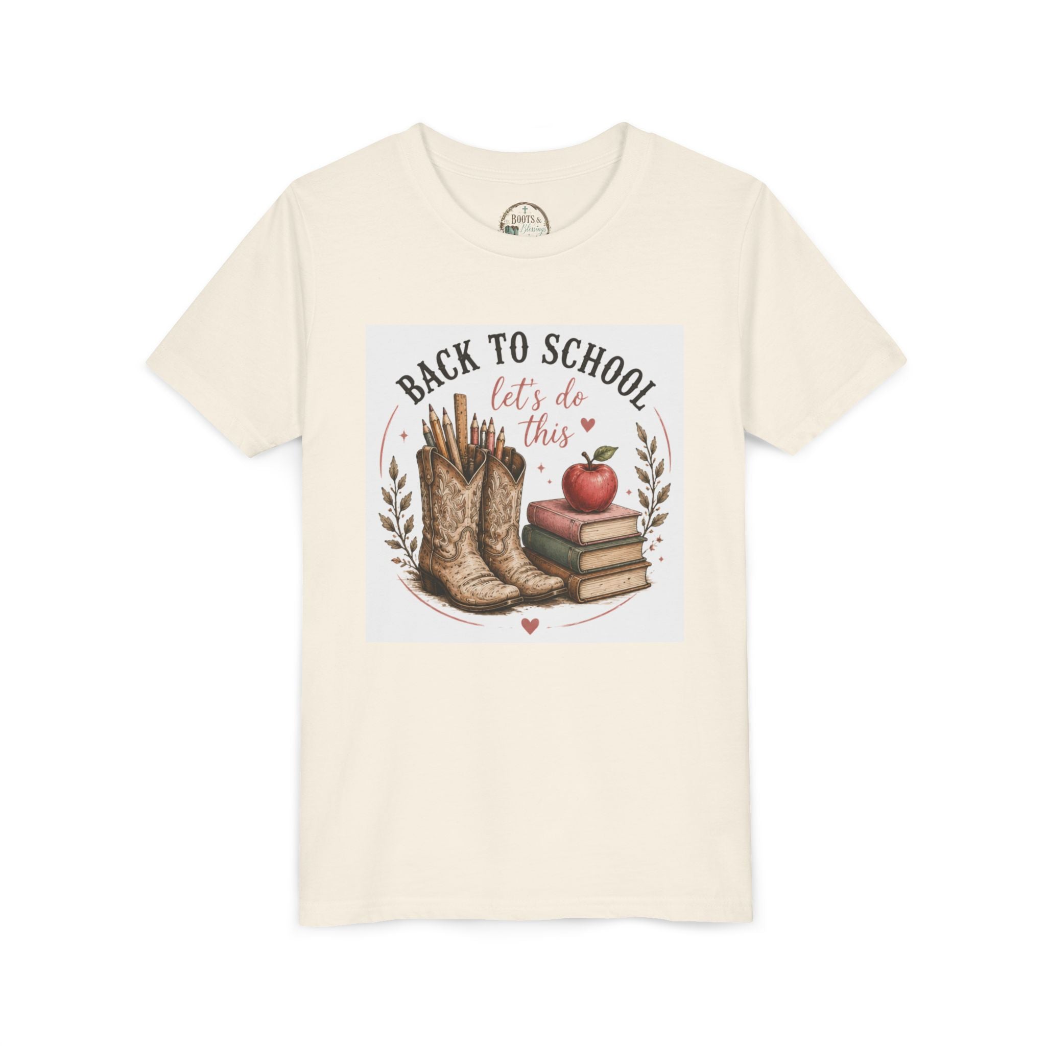 Youth Graphic T-Shirt — "Back to School, Let’s Do This" Cowboy Boots & Apple Design