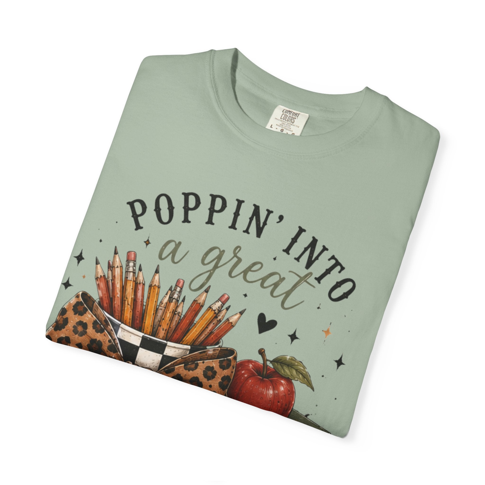 Adult Graphic T-Shirt — “Poppin’ Into a Great School Year” Back-to-School Teacher Tee — Leopard Bow Pencil Cup Design