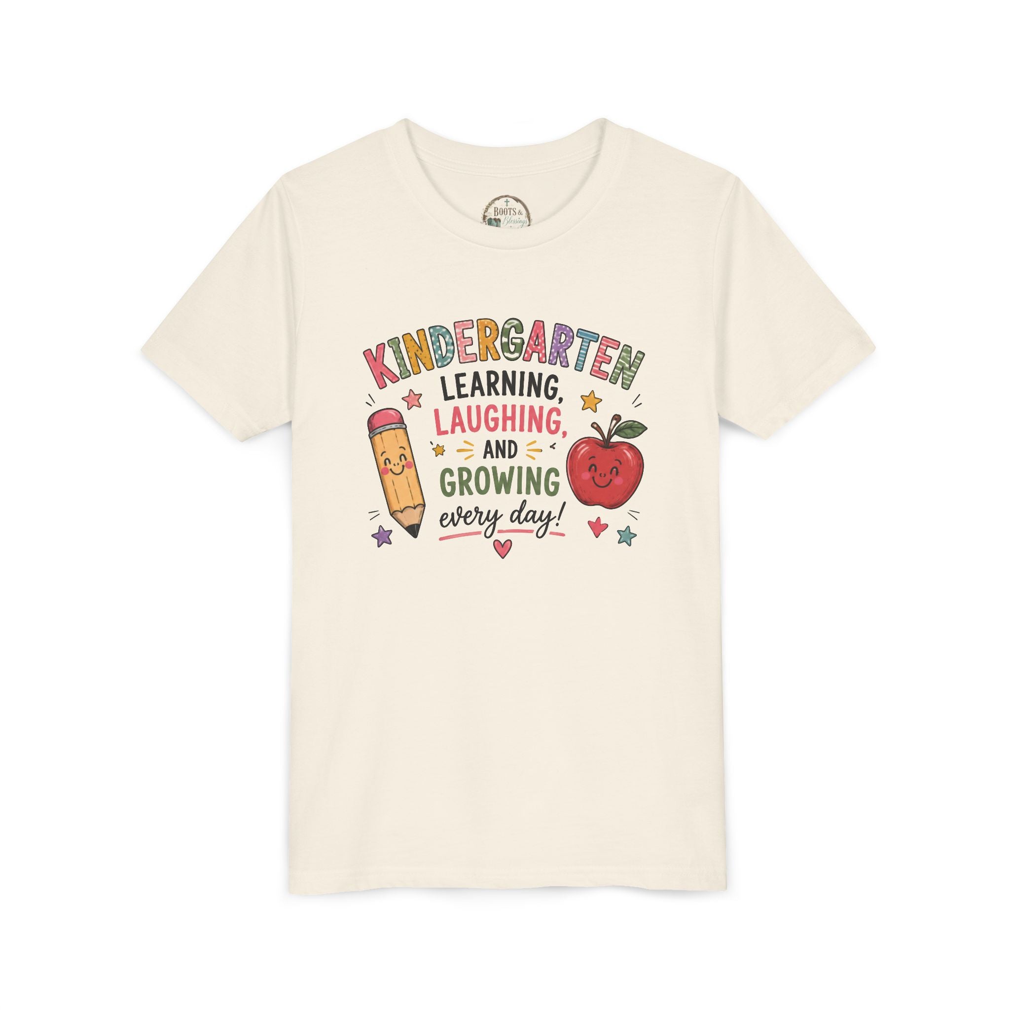 Kindergarten Learning Laughing Growing Graphic T-Shirt — Cute Pencil & Apple Back-to-School Shirt