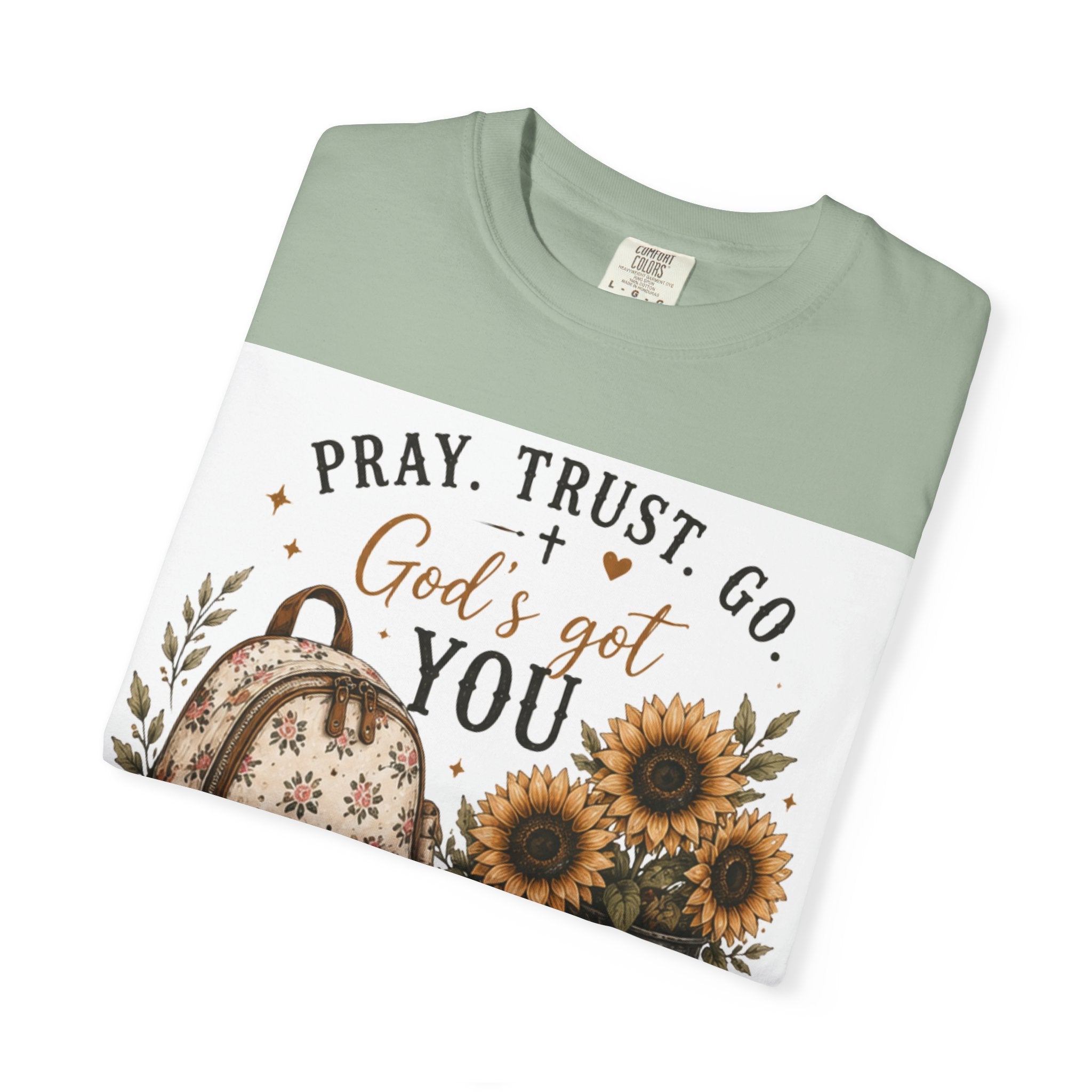 Adult Pray Trust Go T‑Shirt – "God's Got You" Sunflower & Backpack Christian Tee