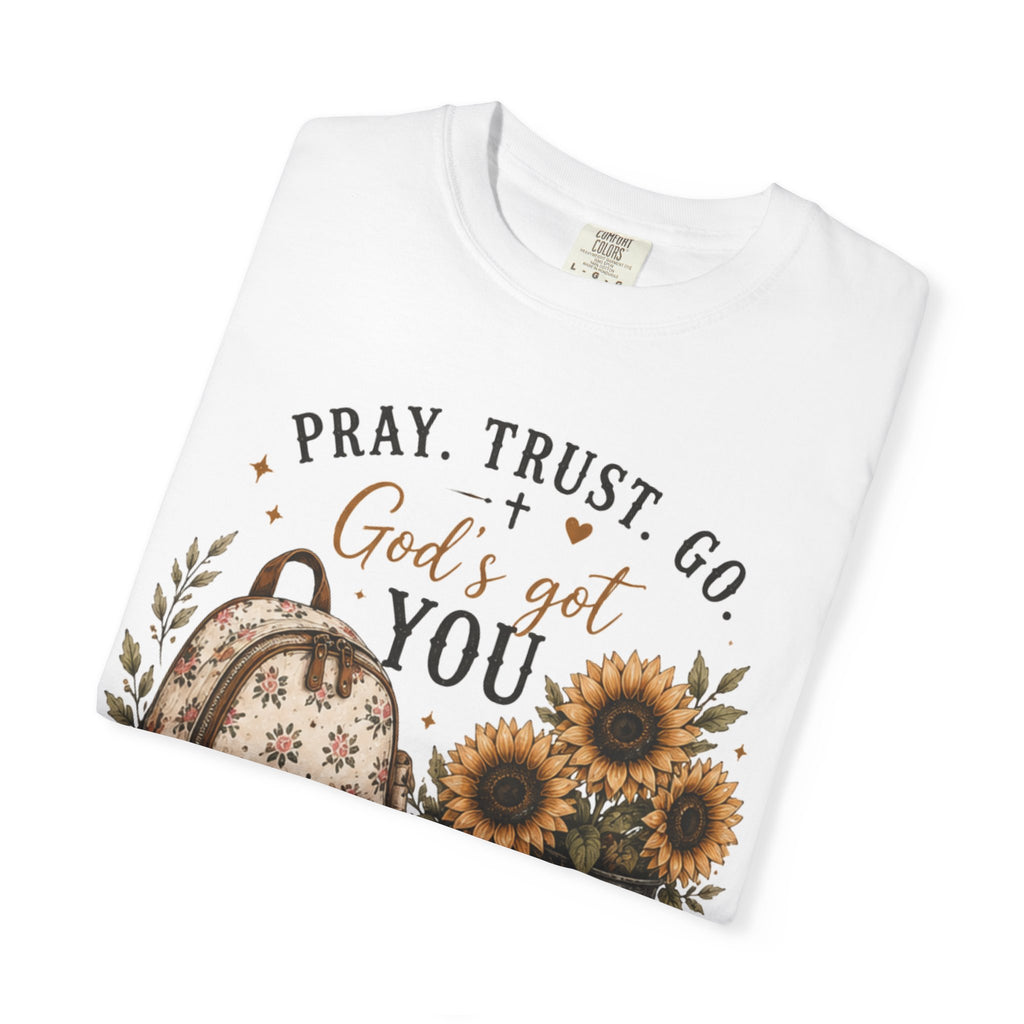 Adult Pray Trust Go T‑Shirt – "God's Got You" Sunflower & Backpack Christian Tee