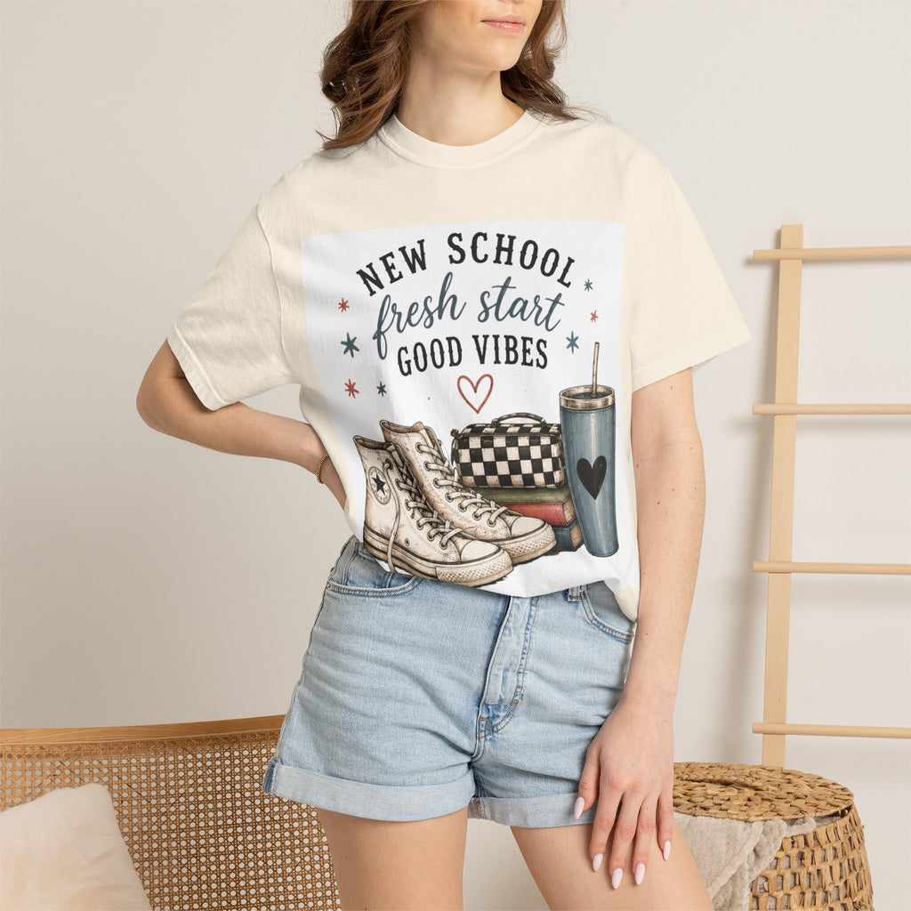 Adult Back-to-School Graphic T-Shirt — "New School, Fresh Start, Good Vibes" Graphic Tee