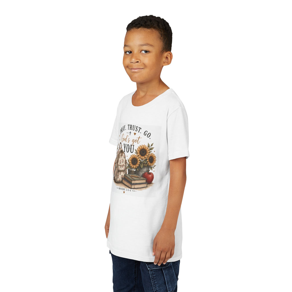 Youth Graphic T-Shirt - "Pray, Trust, Go. God's Got You" Back-to-School Sunflower Backpack Design