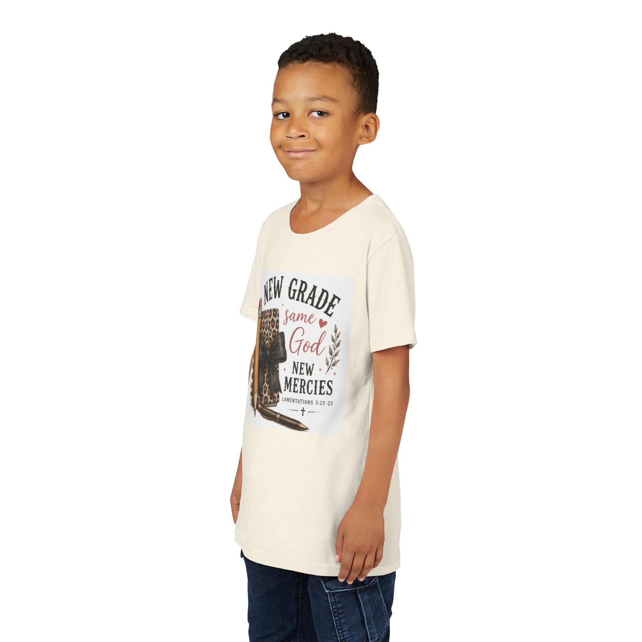 Youth Graphic T-Shirt — "New Grade Same God New Mercies" Christian Back-to-School Shirt