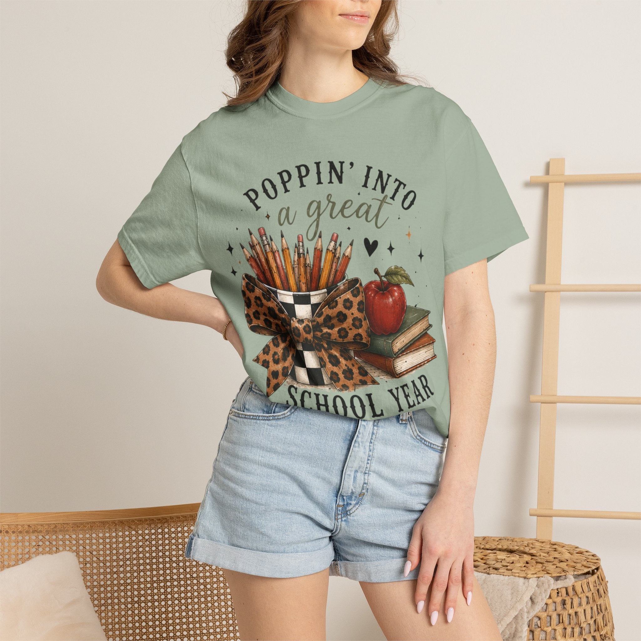 Adult Graphic T-Shirt — “Poppin’ Into a Great School Year” Back-to-School Teacher Tee — Leopard Bow Pencil Cup Design