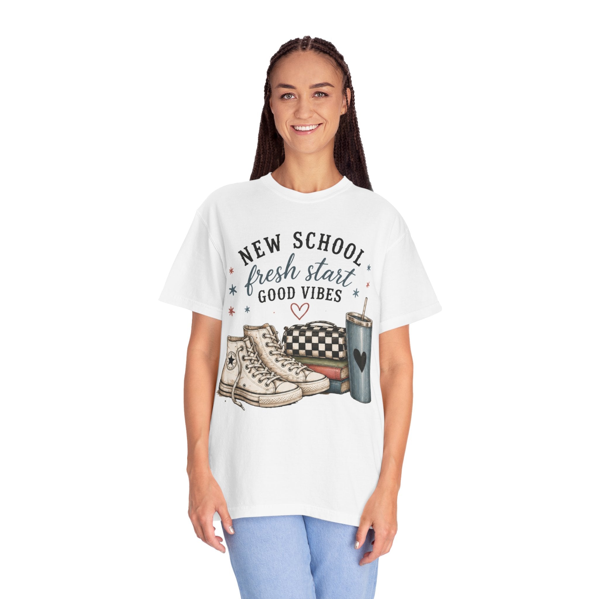 Adult Back-to-School Graphic T-Shirt — "New School, Fresh Start, Good Vibes" Graphic Tee