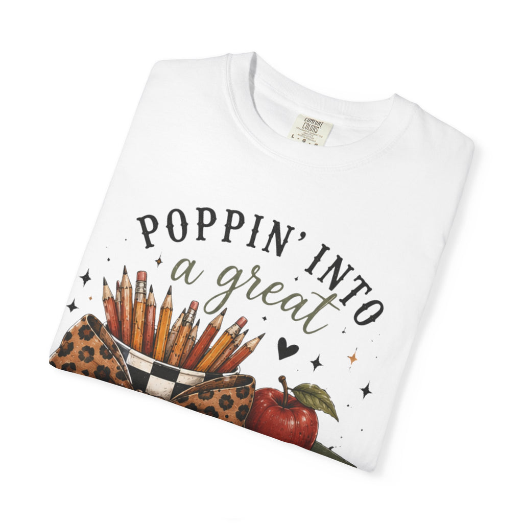 Adult Graphic T-Shirt — “Poppin’ Into a Great School Year” Back-to-School Teacher Tee — Leopard Bow Pencil Cup Design
