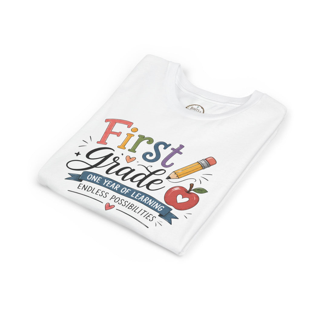 First Grade Graphic T-Shirt - "First Grade: One Year of Learning, Endless Possibilities" Back-to-School Shirt