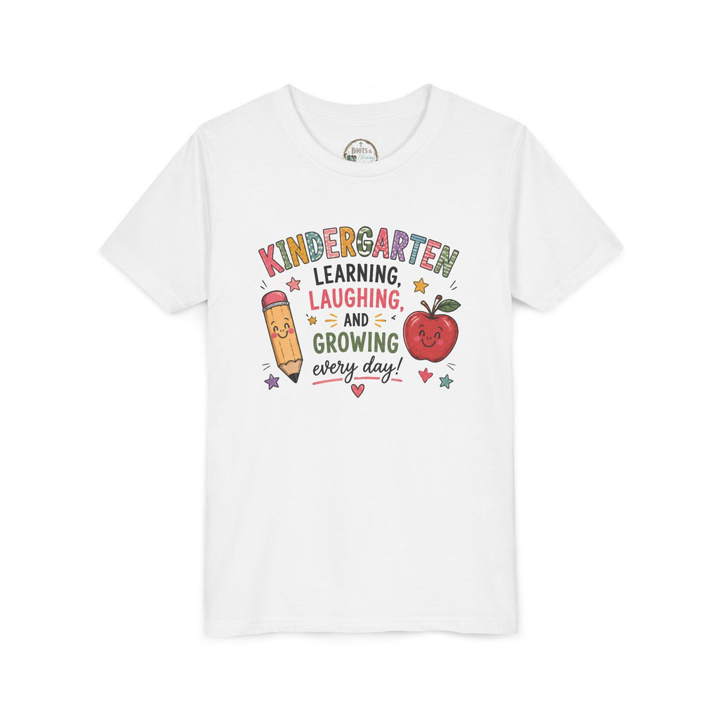 Kindergarten Learning Laughing Growing Graphic T-Shirt — Cute Pencil & Apple Back-to-School Shirt