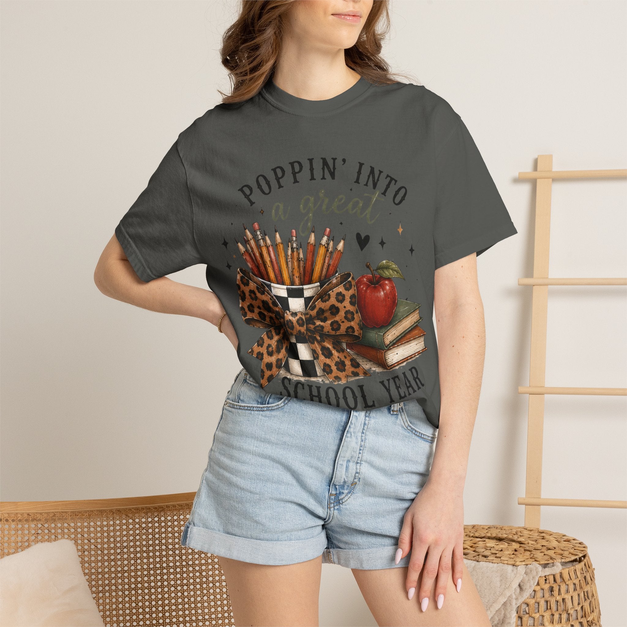 Adult Graphic T-Shirt — “Poppin’ Into a Great School Year” Back-to-School Teacher Tee — Leopard Bow Pencil Cup Design