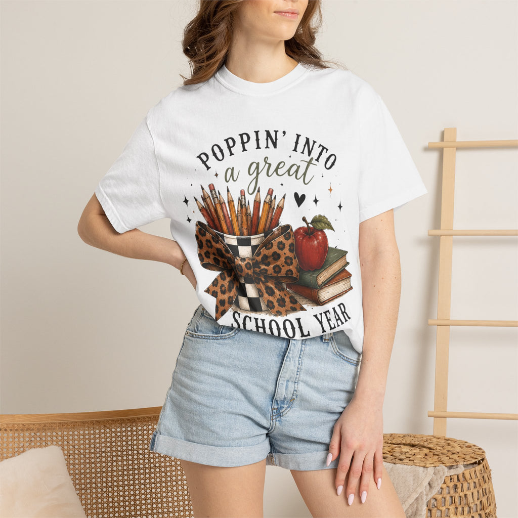 Adult Graphic T-Shirt — “Poppin’ Into a Great School Year” Back-to-School Teacher Tee — Leopard Bow Pencil Cup Design