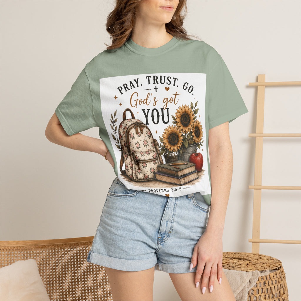 Adult Pray Trust Go T‑Shirt – "God's Got You" Sunflower & Backpack Christian Tee