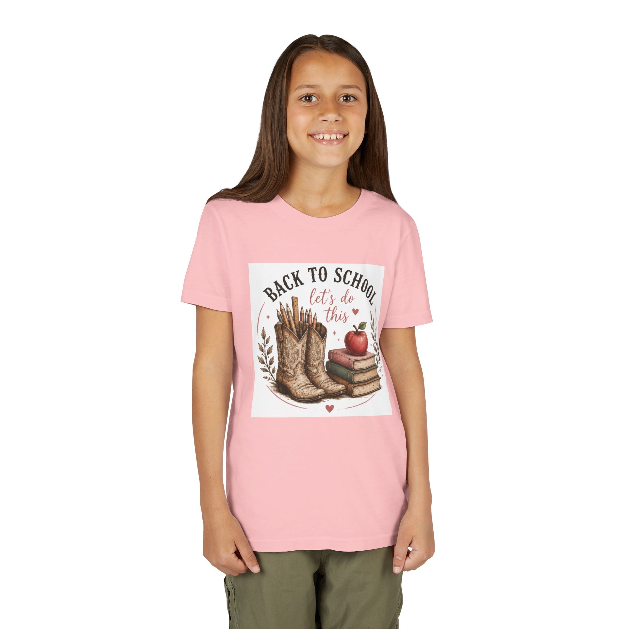 Youth Graphic T-Shirt — "Back to School, Let’s Do This" Cowboy Boots & Apple Design
