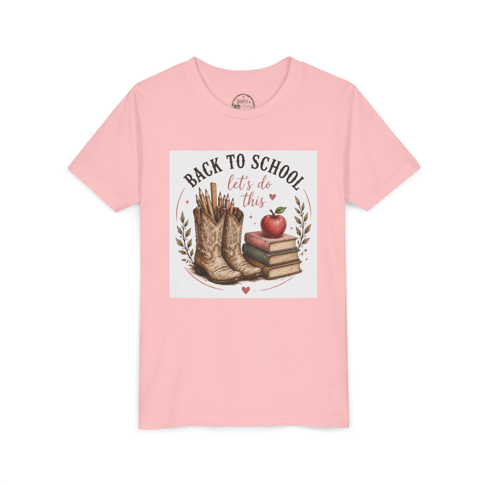 Youth Graphic T-Shirt — "Back to School, Let’s Do This" Cowboy Boots & Apple Design