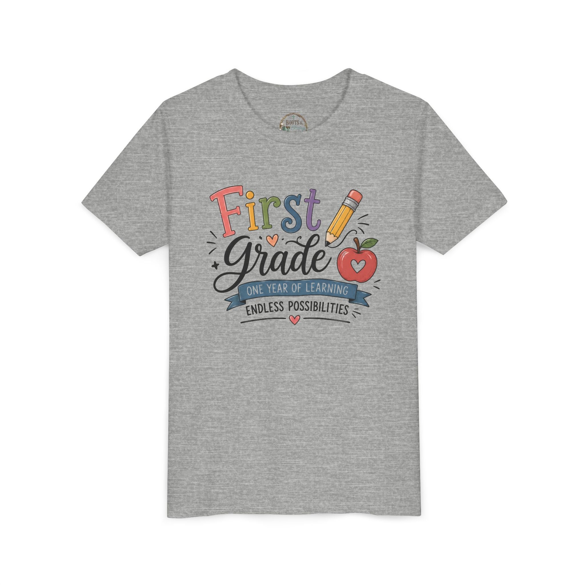 First Grade Graphic T-Shirt - "First Grade: One Year of Learning, Endless Possibilities" Back-to-School Shirt