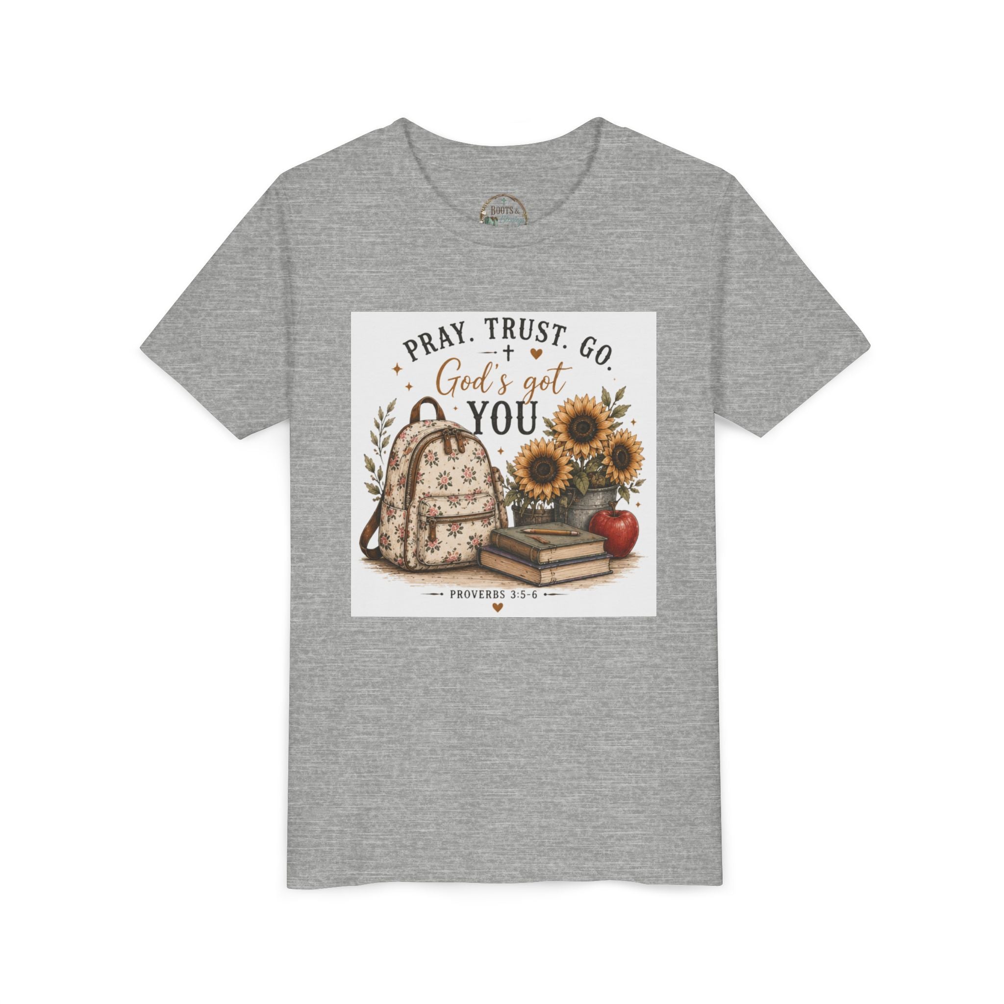 Youth Graphic T-Shirt - "Pray, Trust, Go. God's Got You" Back-to-School Sunflower Backpack Design