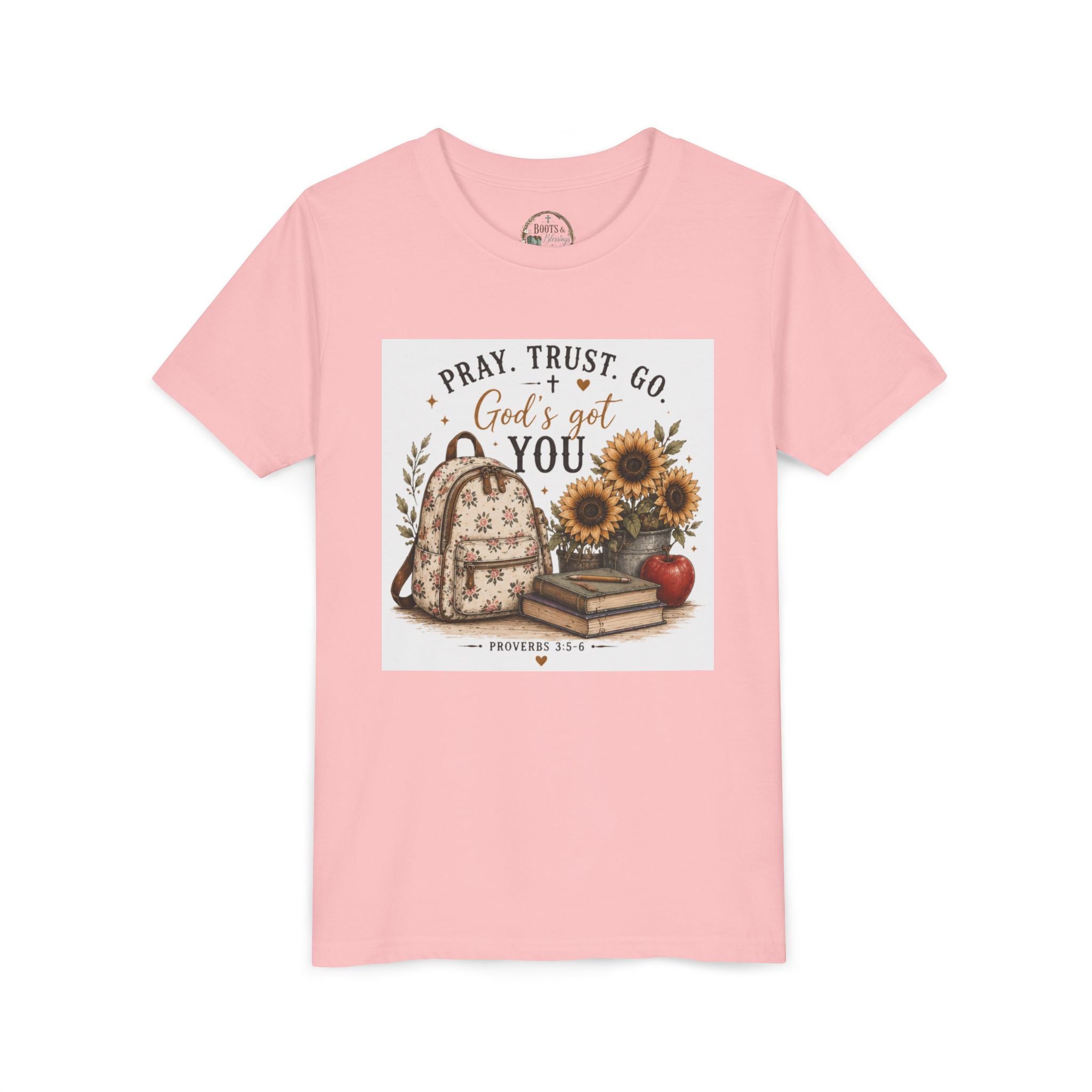 Youth Graphic T-Shirt - "Pray, Trust, Go. God's Got You" Back-to-School Sunflower Backpack Design