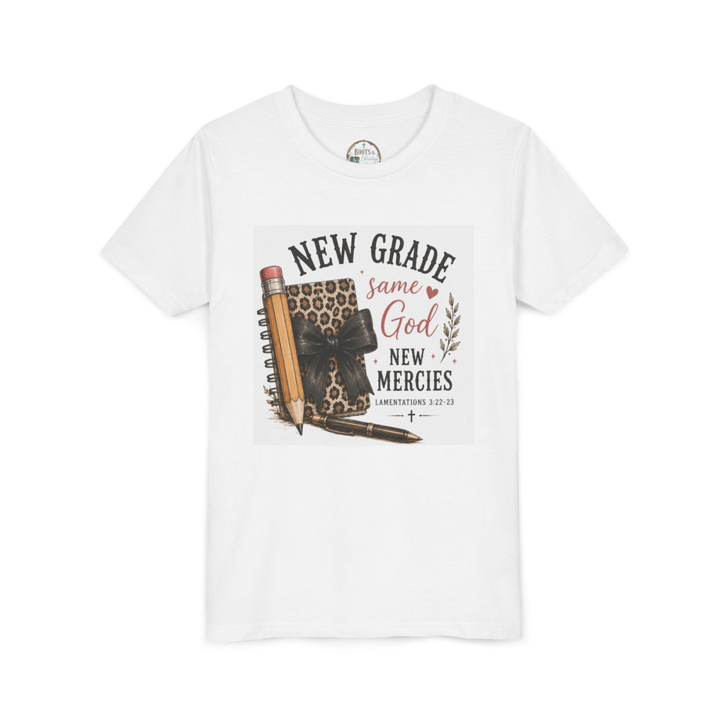 Youth Graphic T-Shirt — "New Grade Same God New Mercies" Christian Back-to-School Shirt