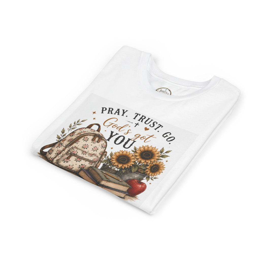 Youth Graphic T-Shirt - "Pray, Trust, Go. God's Got You" Back-to-School Sunflower Backpack Design