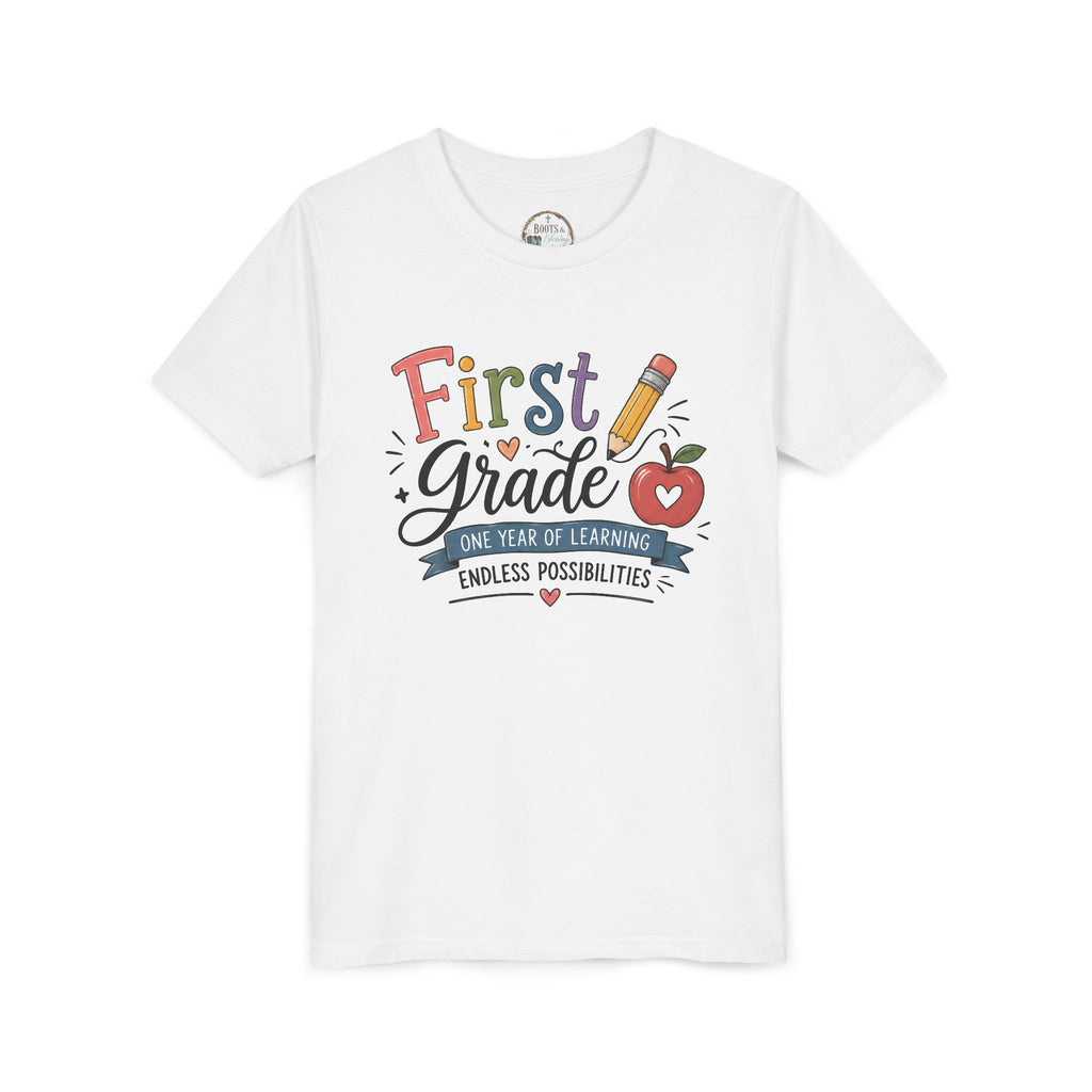 First Grade Graphic T-Shirt - "First Grade: One Year of Learning, Endless Possibilities" Back-to-School Shirt