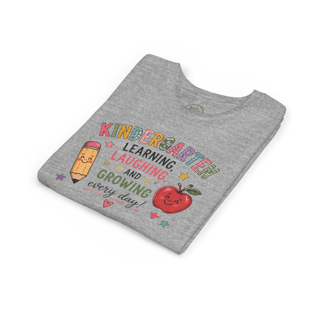 Kindergarten Learning Laughing Growing Graphic T-Shirt — Cute Pencil & Apple Back-to-School Shirt