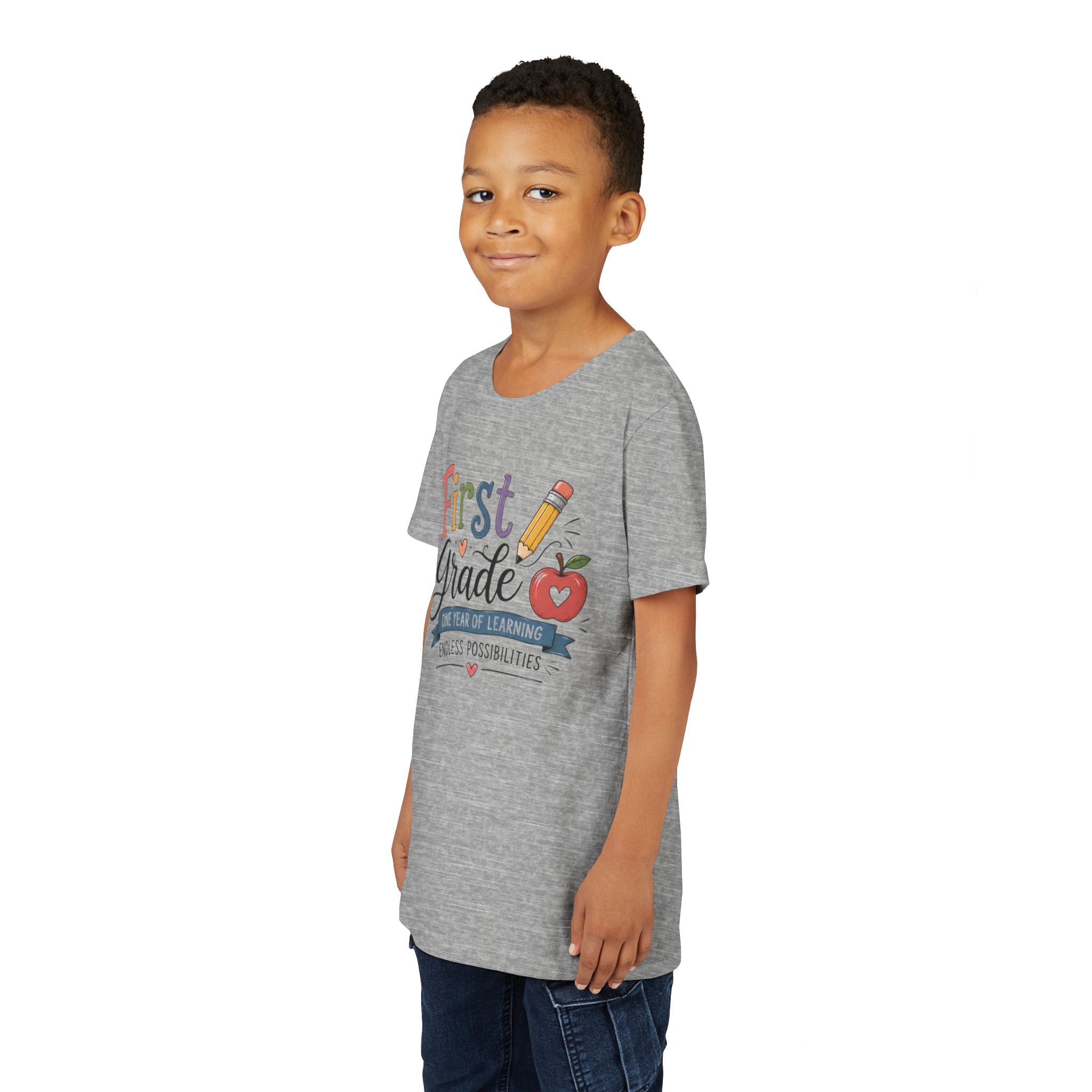 First Grade Graphic T-Shirt - "First Grade: One Year of Learning, Endless Possibilities" Back-to-School Shirt