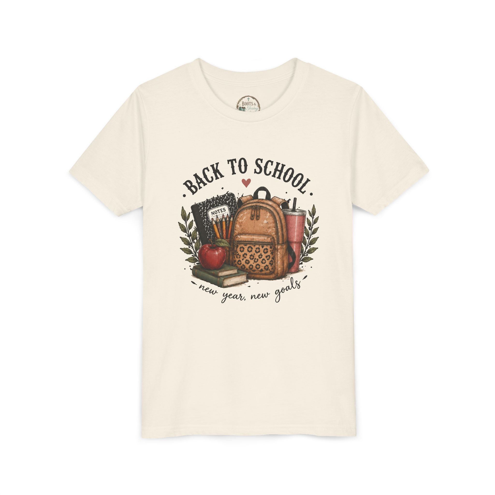 Youth Back to School Graphic T-Shirt – 'Back to School' Backpack & Apples Design