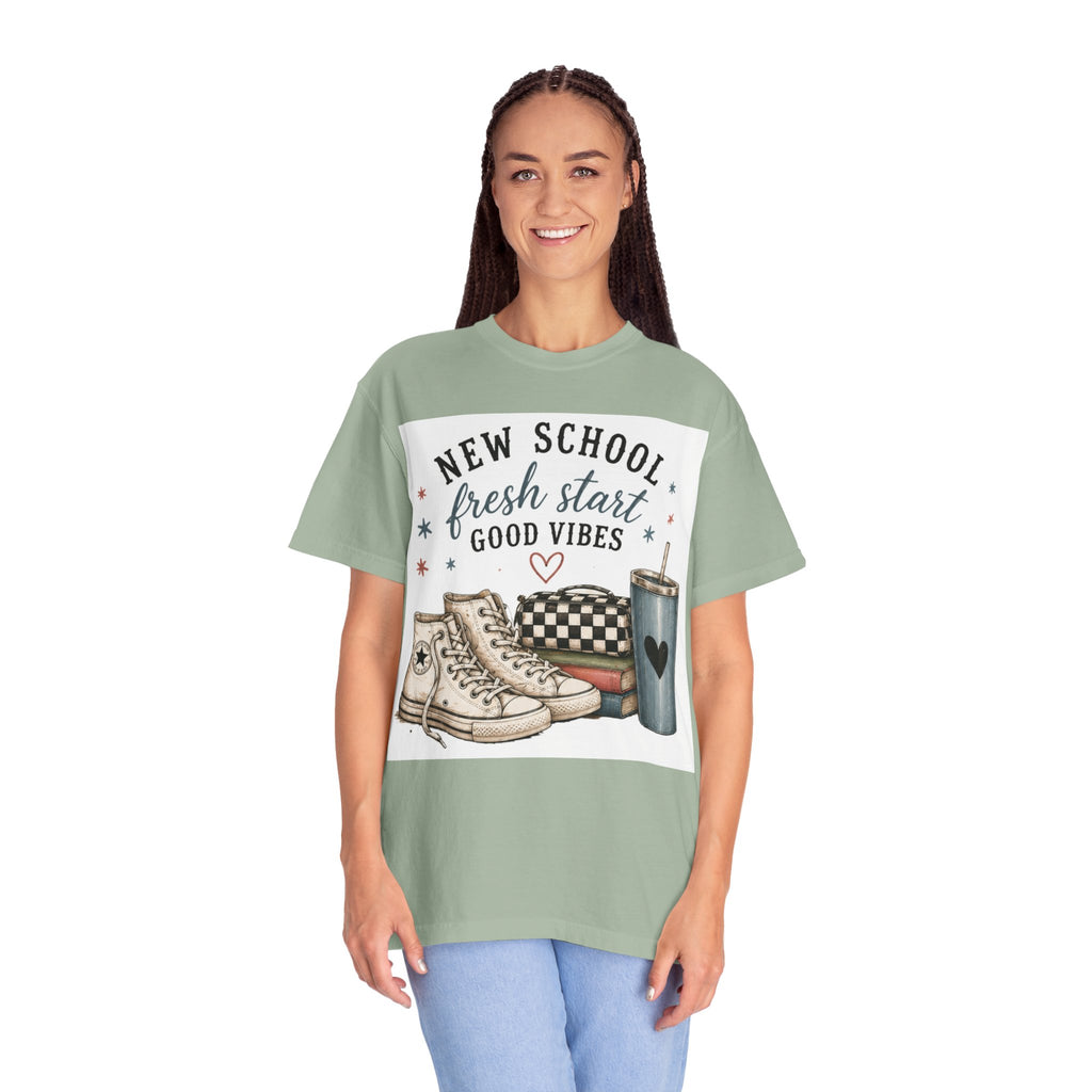 Adult Back-to-School Graphic T-Shirt — "New School, Fresh Start, Good Vibes" Graphic Tee